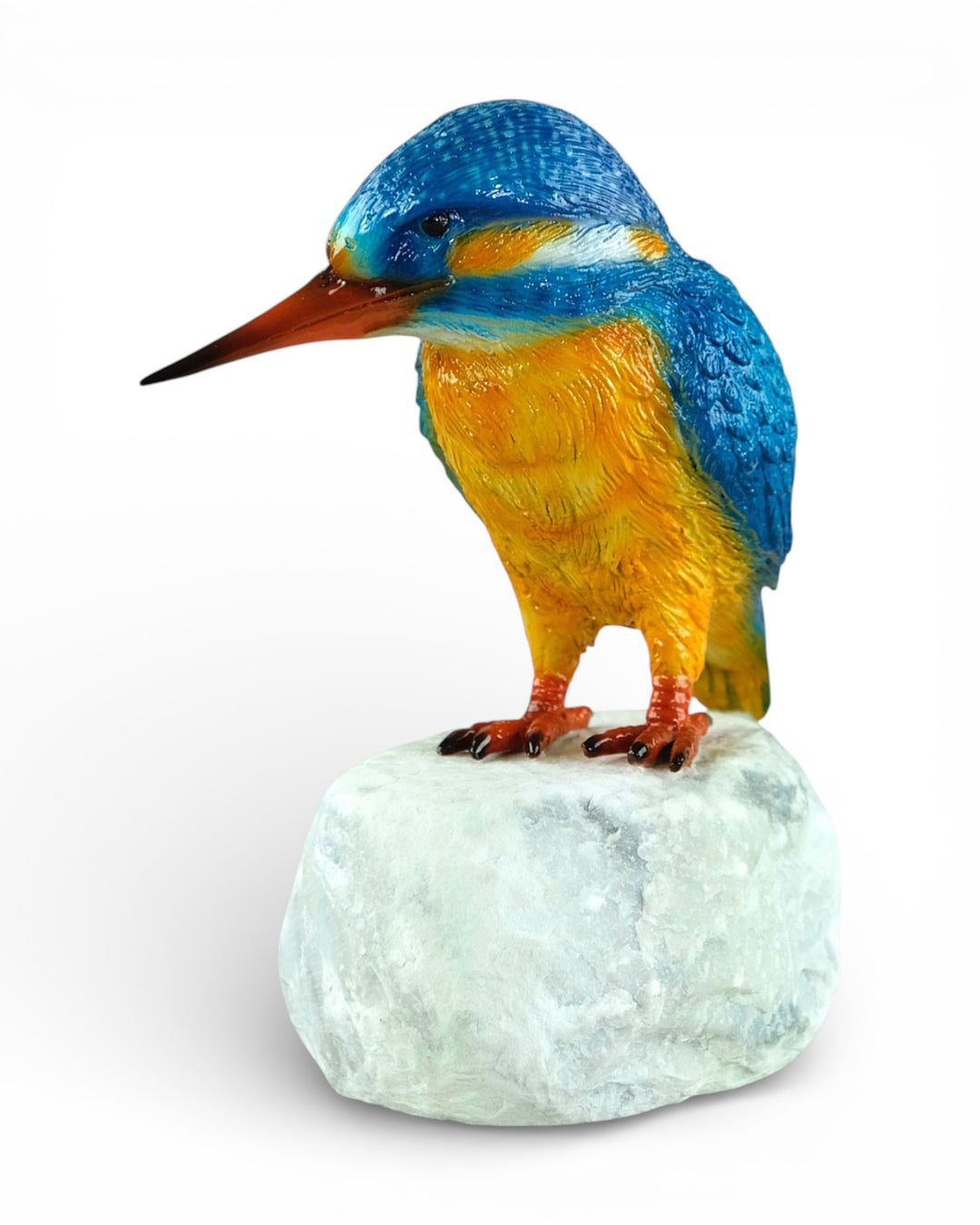 Painted bronze sculpture of a kingfisher on a rock
