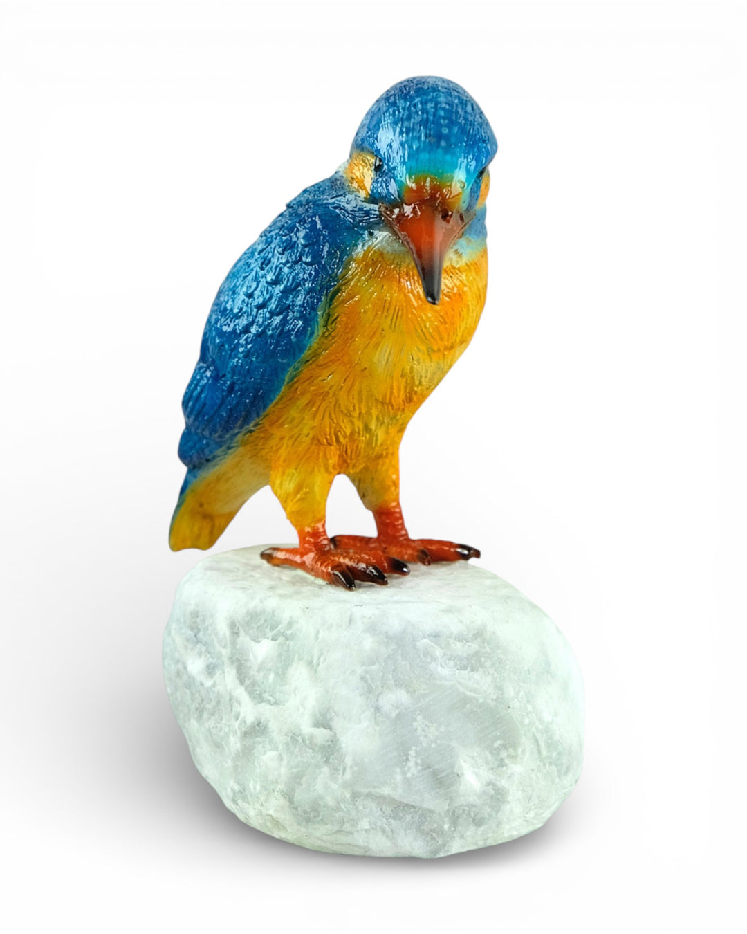 Painted bronze sculpture of a kingfisher on a rock