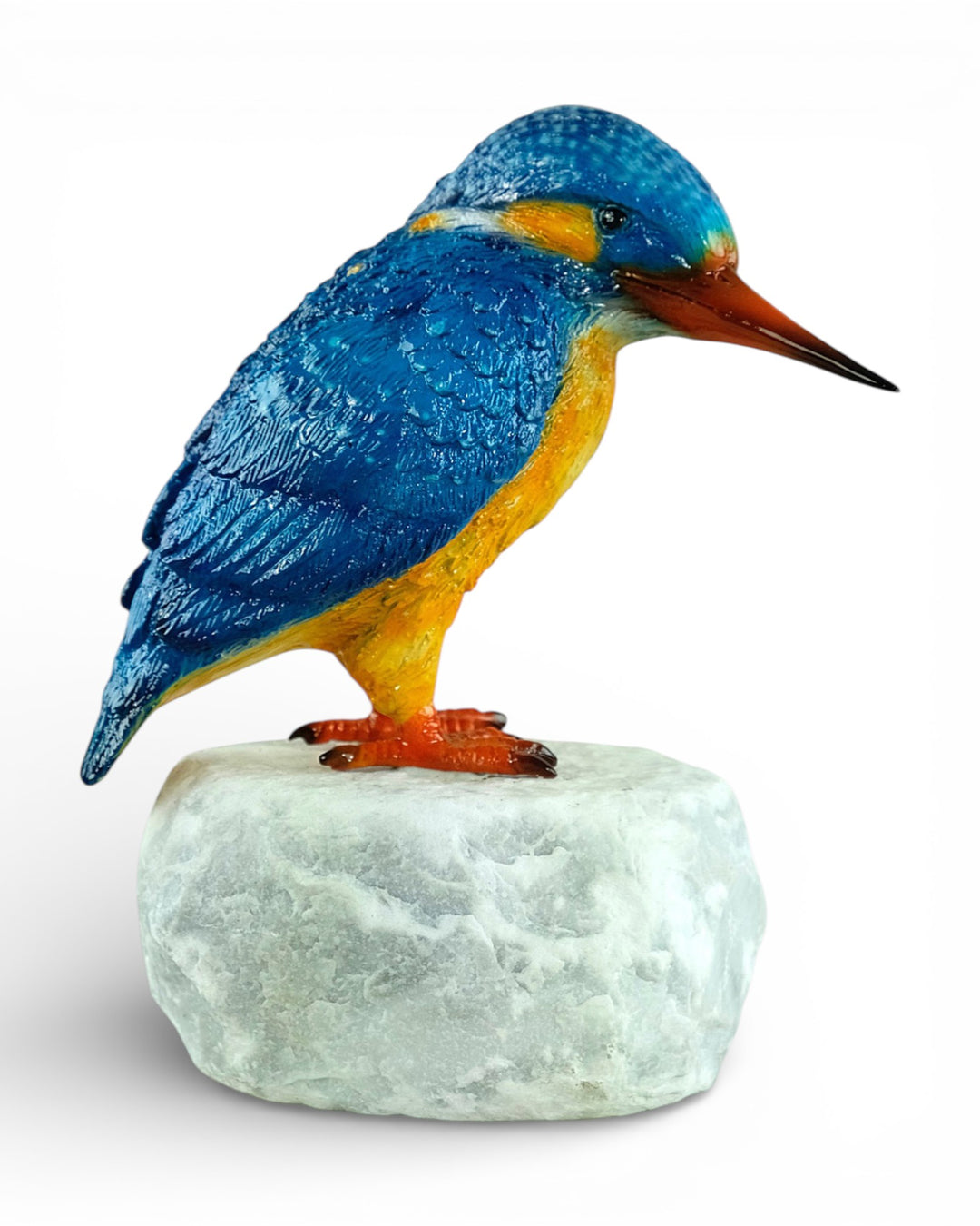 Painted bronze sculpture of a kingfisher on a rock