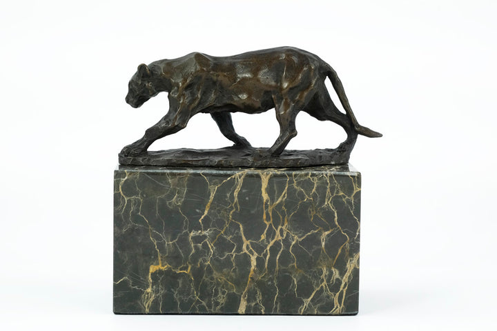 Bronze sculpture of a walking panther