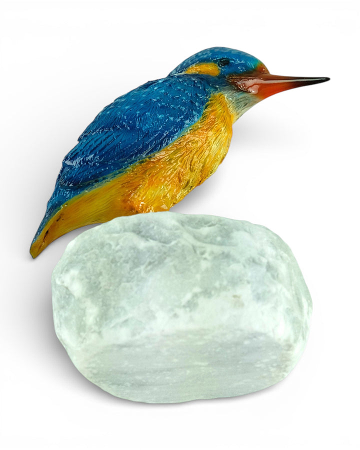 Painted bronze sculpture of a kingfisher on a rock