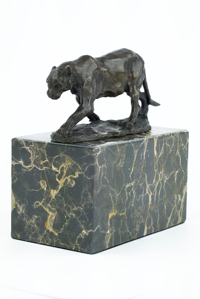 Bronze sculpture of a walking panther