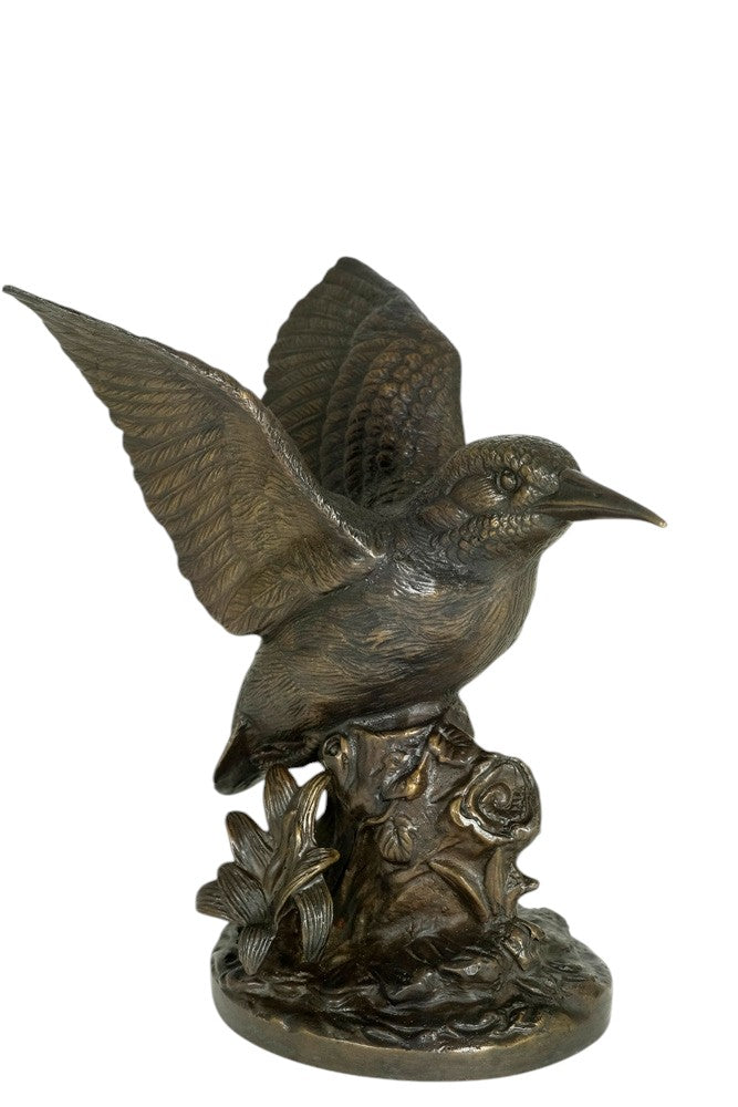 Bronze sculpture of a king fisher with wings spread