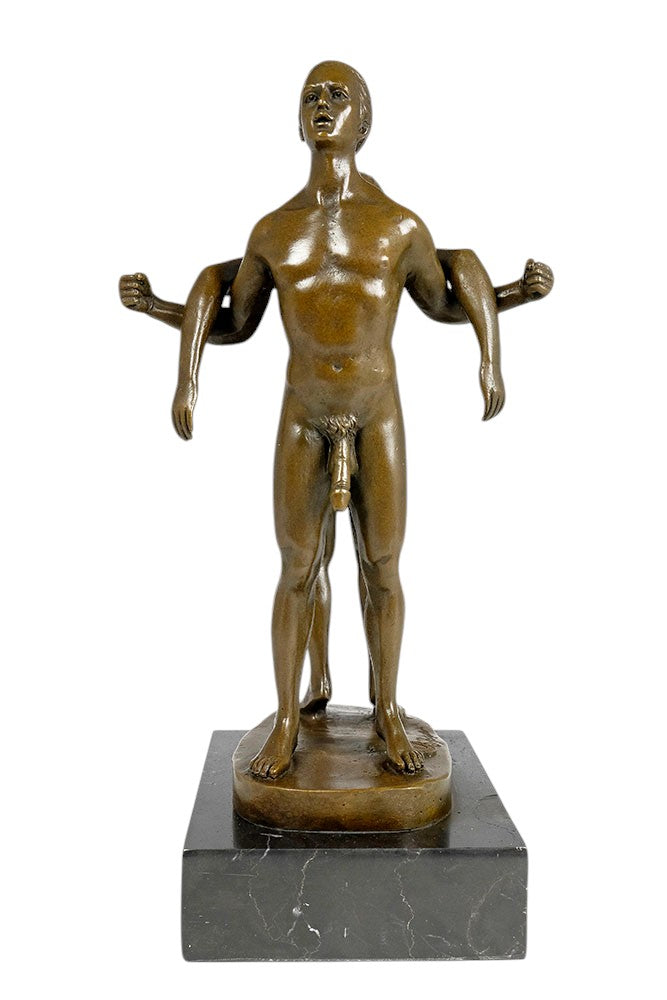 Bronze sculpture of a male couple standing back to back