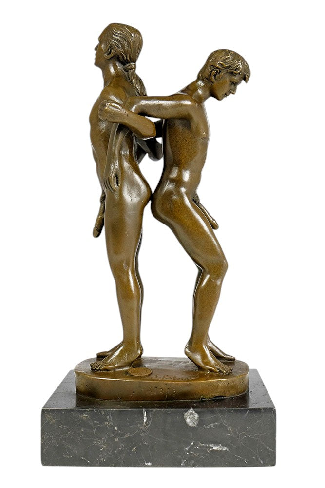 Bronze sculpture of a male couple standing back to back