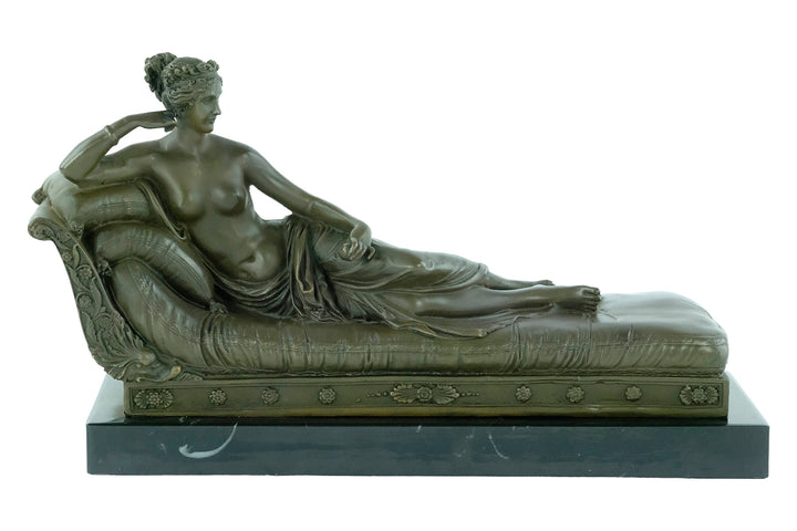 Bronze figure of Pauline Bonaparte reclining on a chaise longue, inspired by Antonio Canova's neoclassical sculpture.
