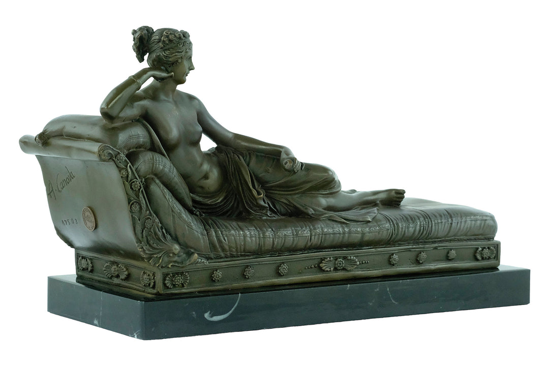 Bronze sculpture of Pauline Bonaparte reclining on a chaise longue, inspired by the Venus Triumphant original by Antonio Canova.