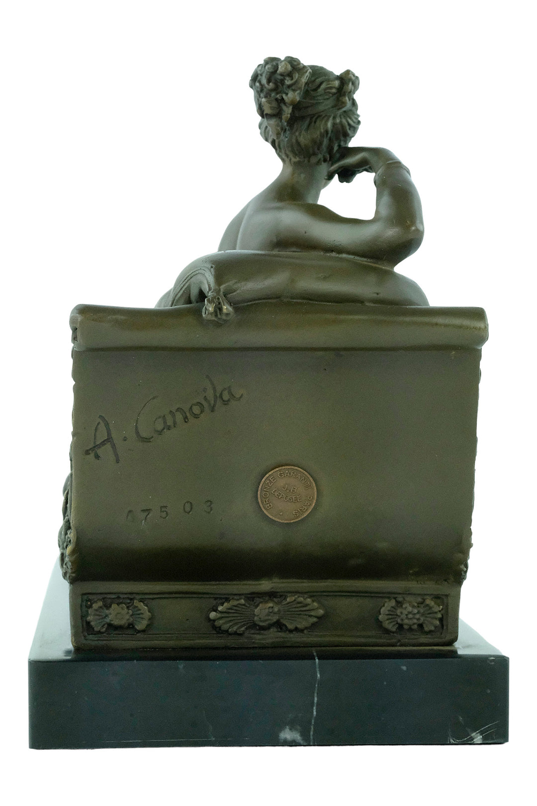 Rear view of a bronze sculpture of Pauline Bonaparte reclining, showcasing fine details and craftsmanship by Antonio Canova.