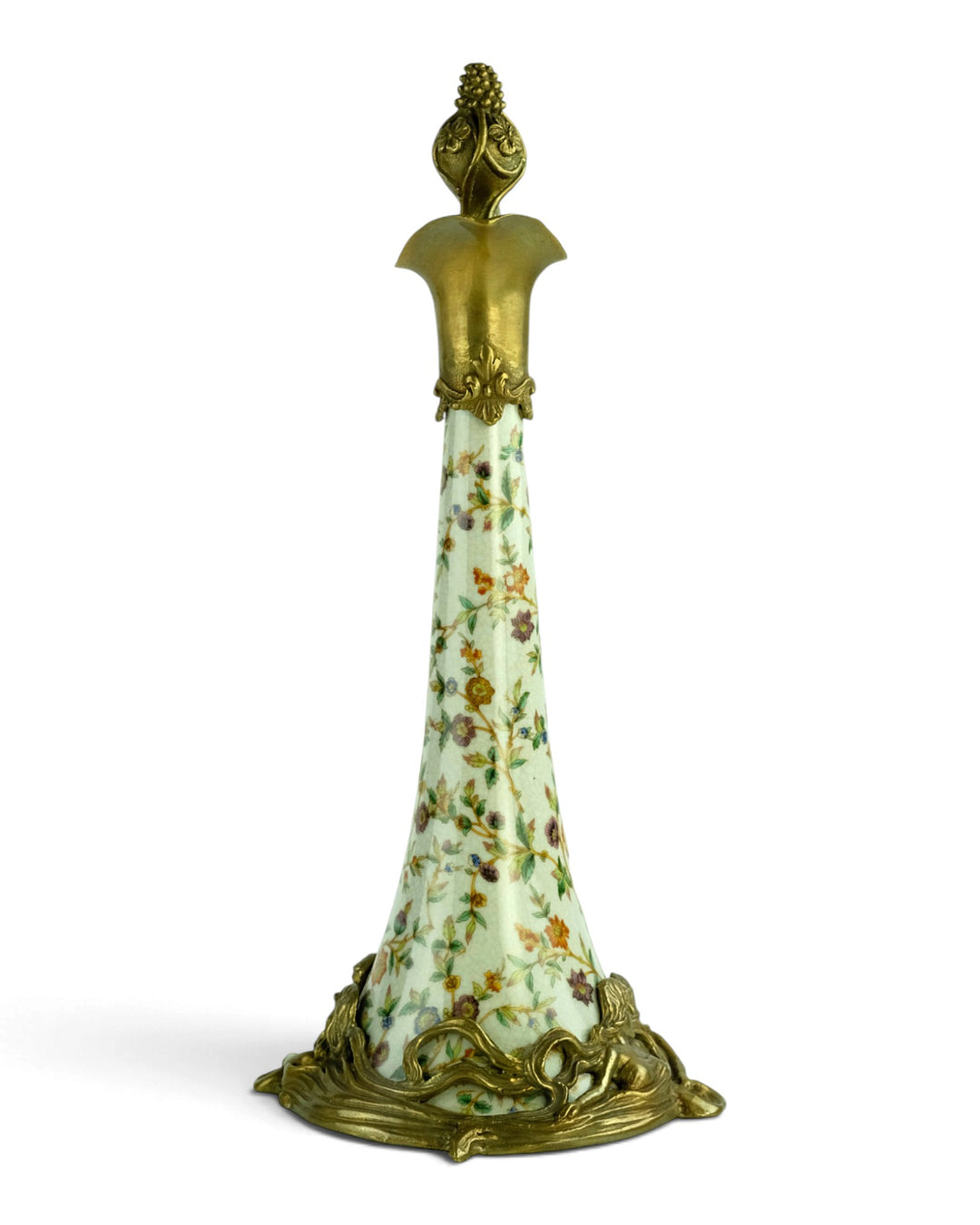 Bronze mounted porcelain claret jug with flower decoration