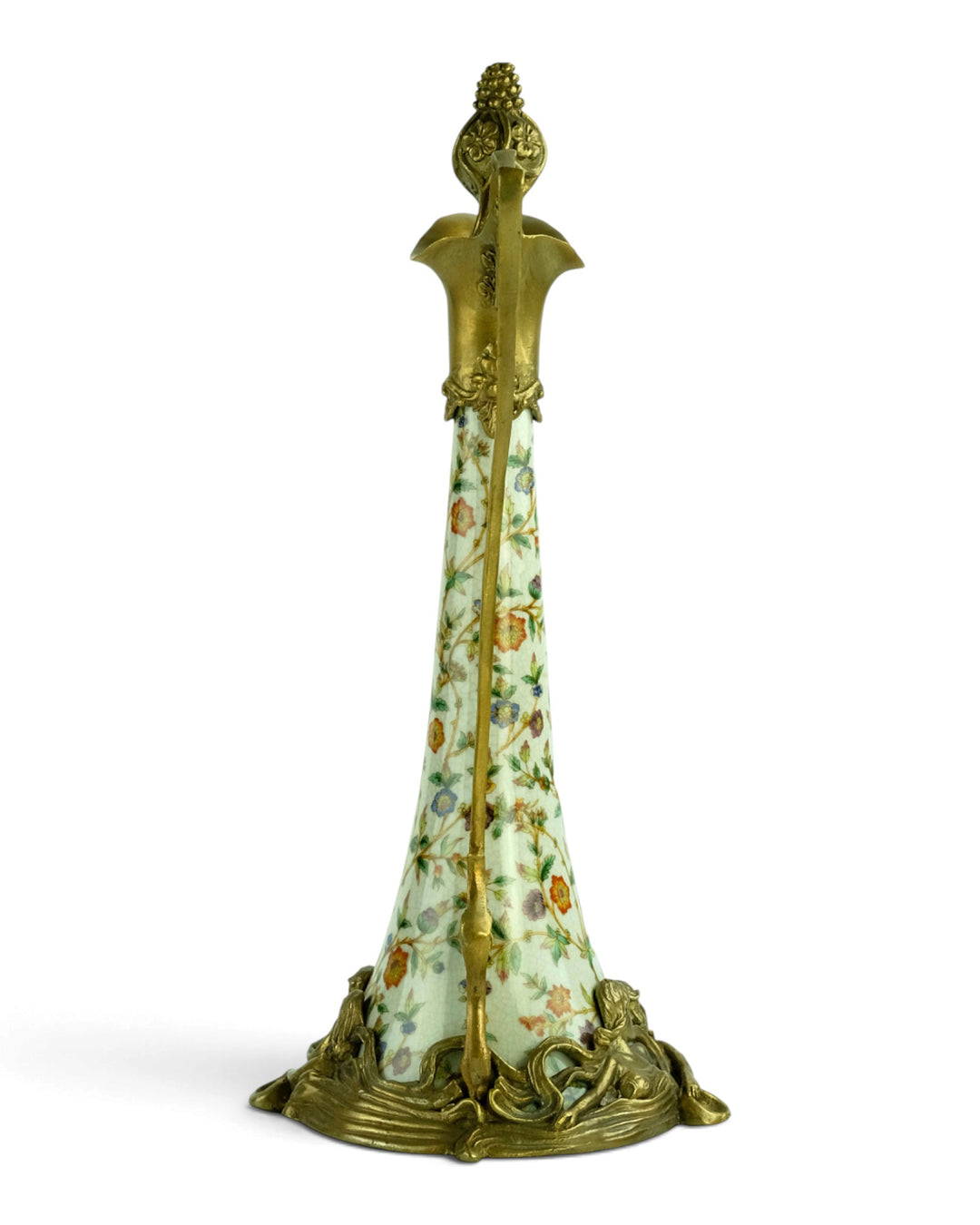 Bronze mounted porcelain claret jug with flower decoration