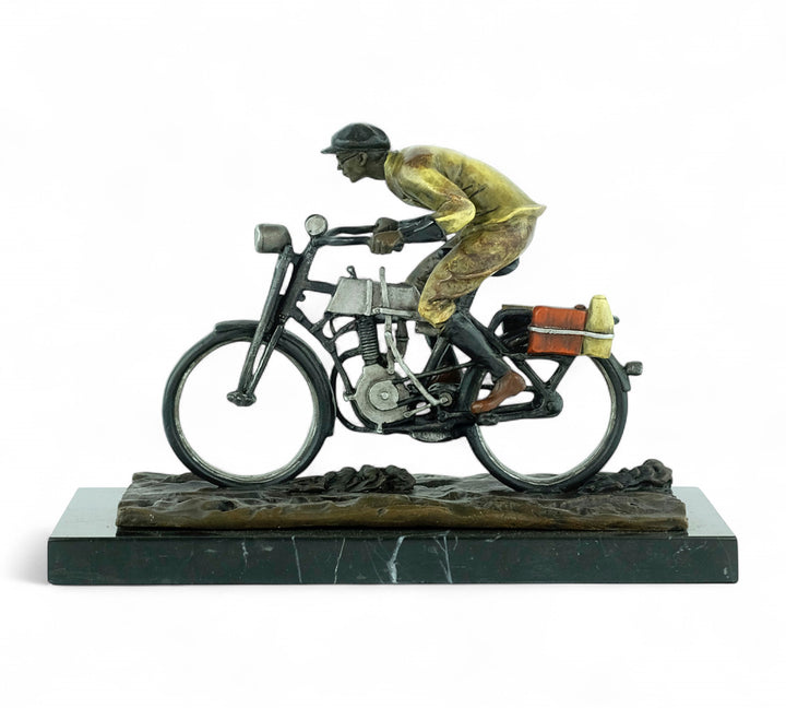 Bronze sculpture of an early moped rider