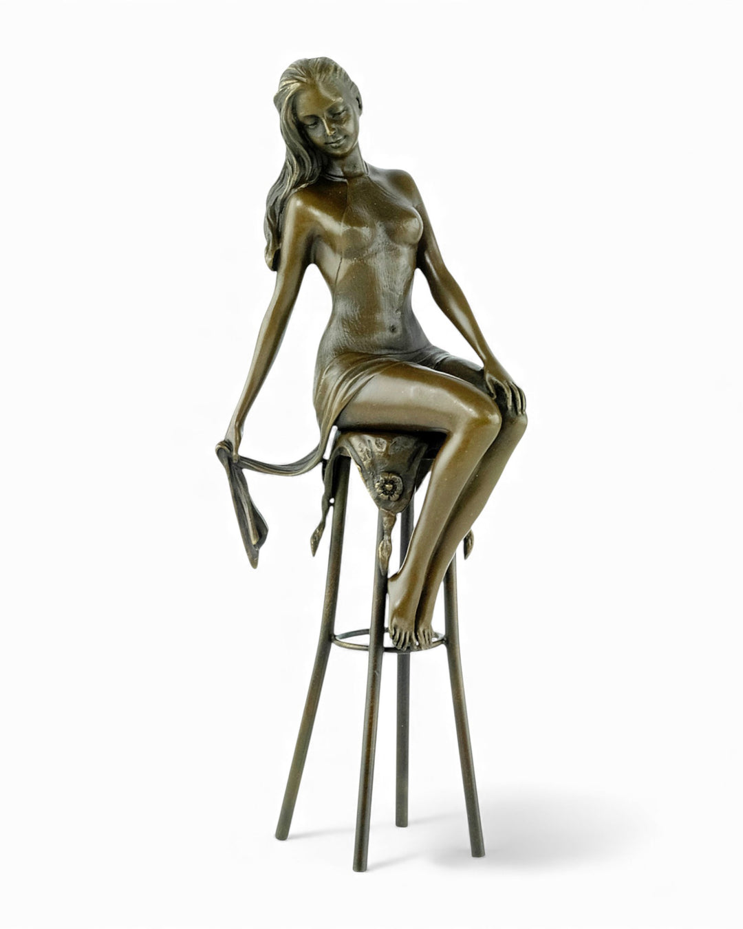 Bronze sculpture of a female on a barstool wearing a sensual dress