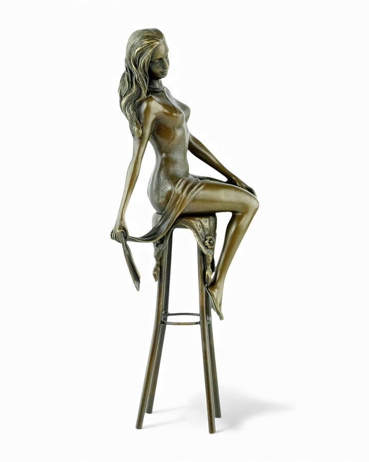 Bronze sculpture of a female on a barstool wearing a sensual dress