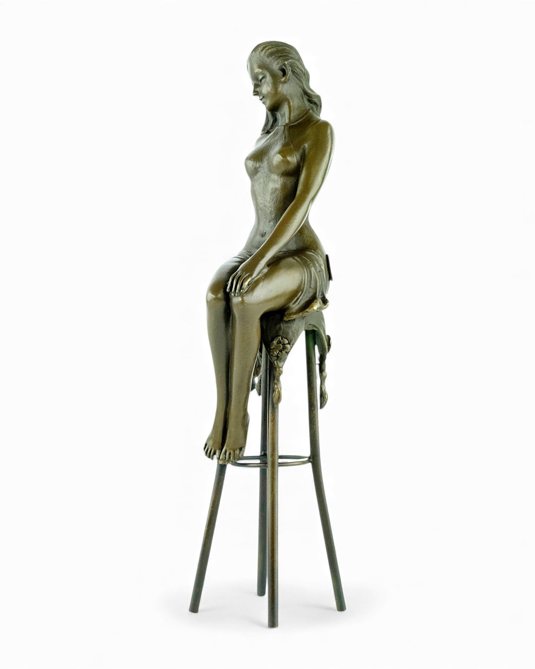 Bronze sculpture of a female on a barstool wearing a sensual dress
