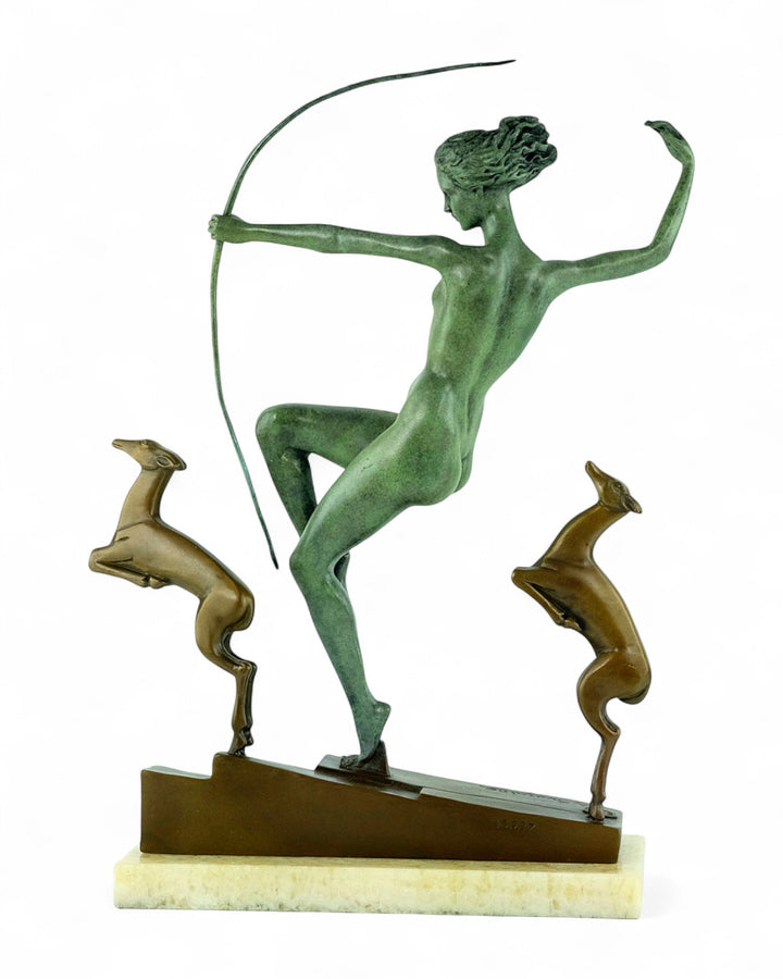 Bronzeskulptur der Diana, der Jägerin, mit springenden Rehen – nach Bouraine
