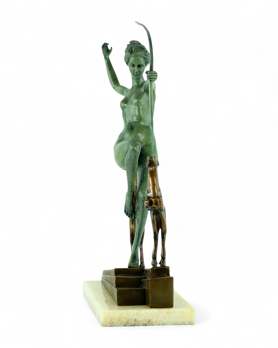 Bronzeskulptur der Diana, der Jägerin, mit springenden Rehen – nach Bouraine
