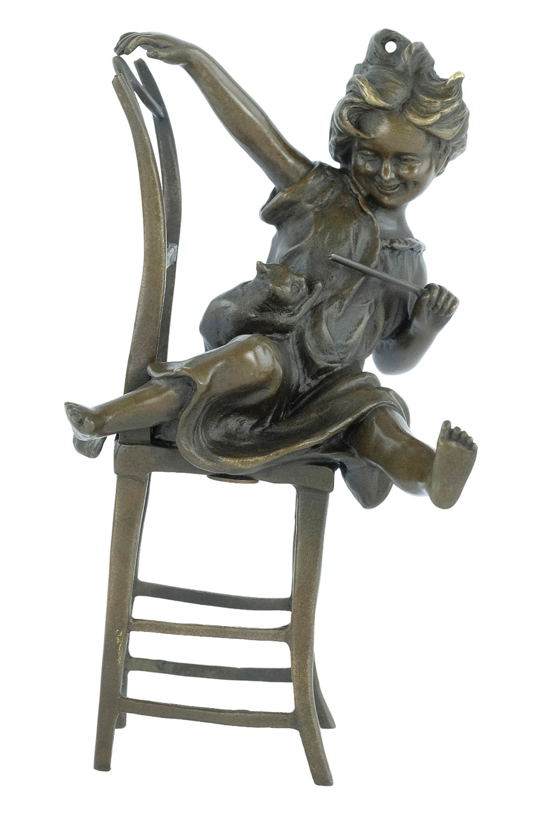 Bronze sculpture of a little girl on a chair playing with her cat