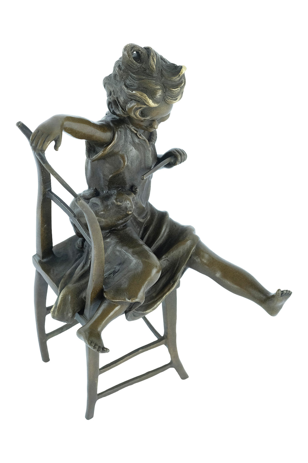Bronze sculpture of a little girl on a chair playing with her cat