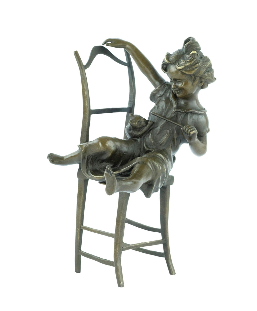 Bronze sculpture of a little girl on a chair playing with her cat