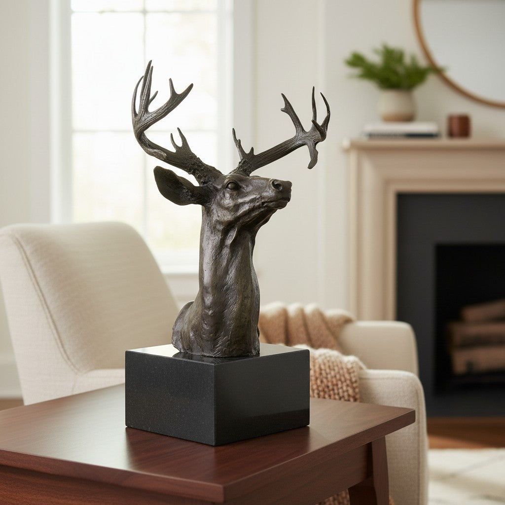Large bronze deer head sculpture