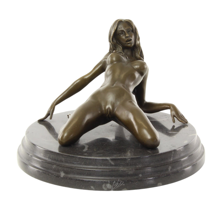 Bronze sculpture of a female nude leaning backwards