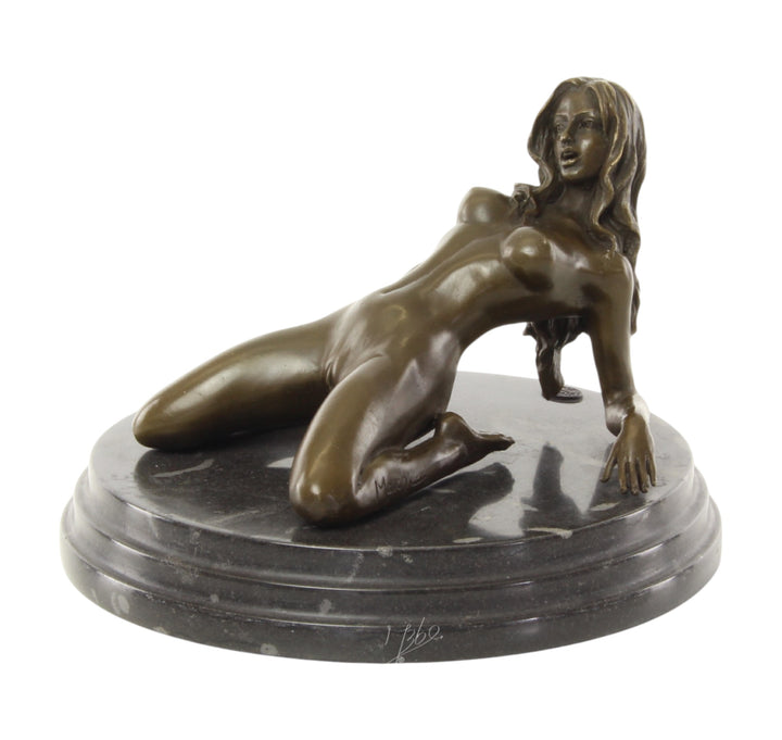 Bronze sculpture of a female nude leaning backwards