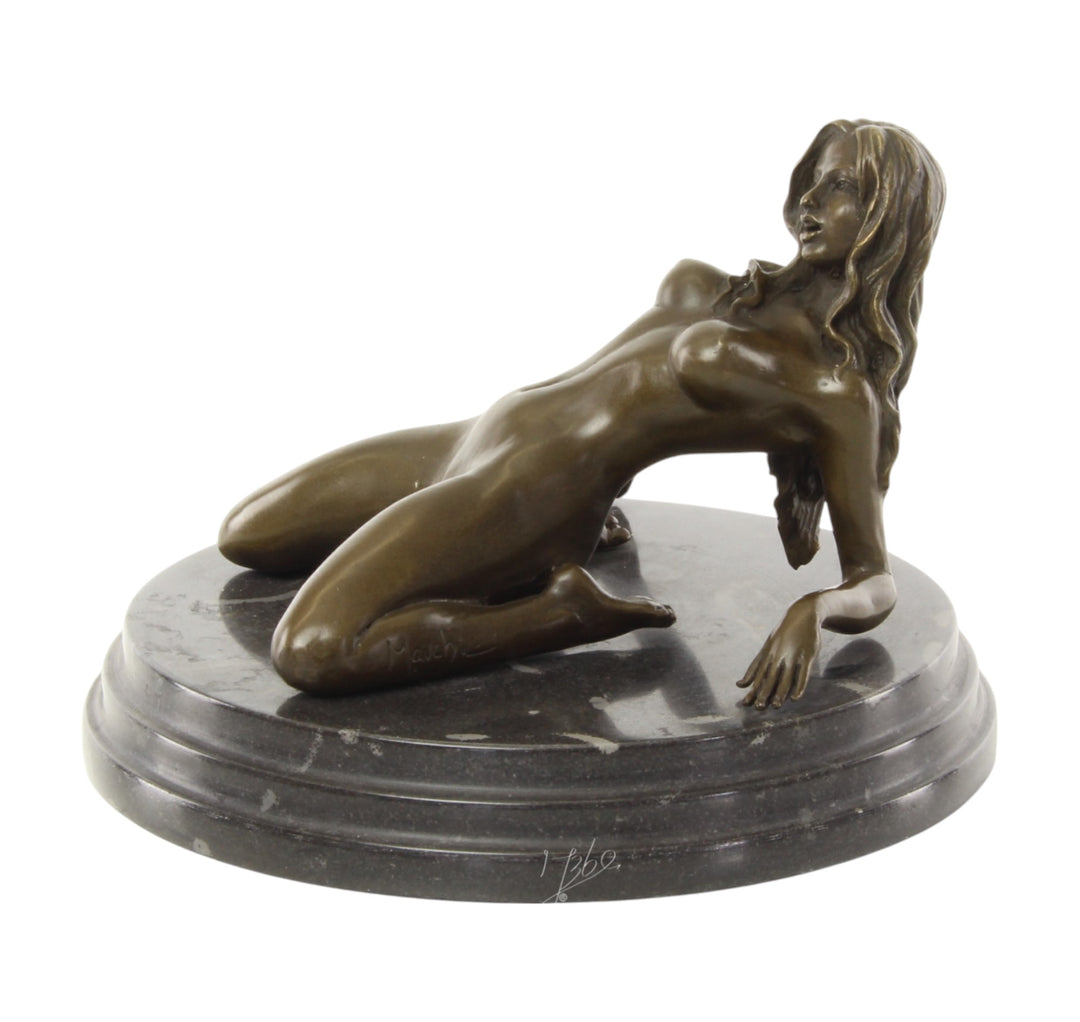 Bronze sculpture of a female nude leaning backwards