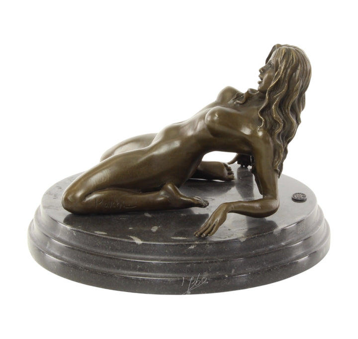 Bronze sculpture of a female nude leaning backwards