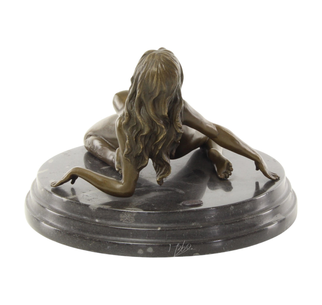 Bronze sculpture of a female nude leaning backwards
