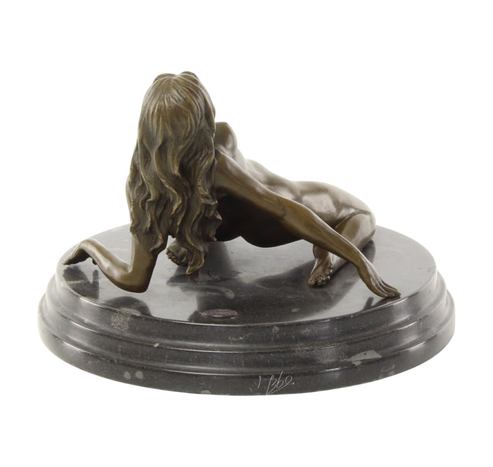 Bronze sculpture of a female nude leaning backwards