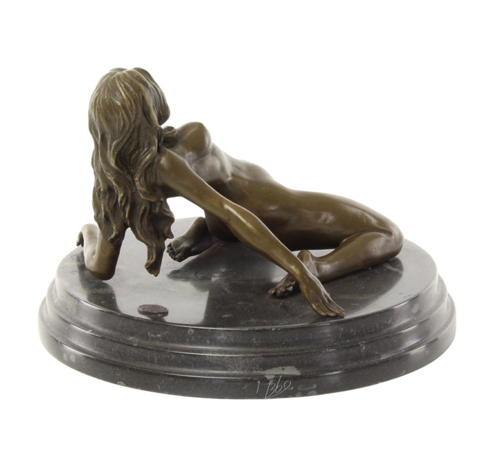 Bronze sculpture of a female nude leaning backwards