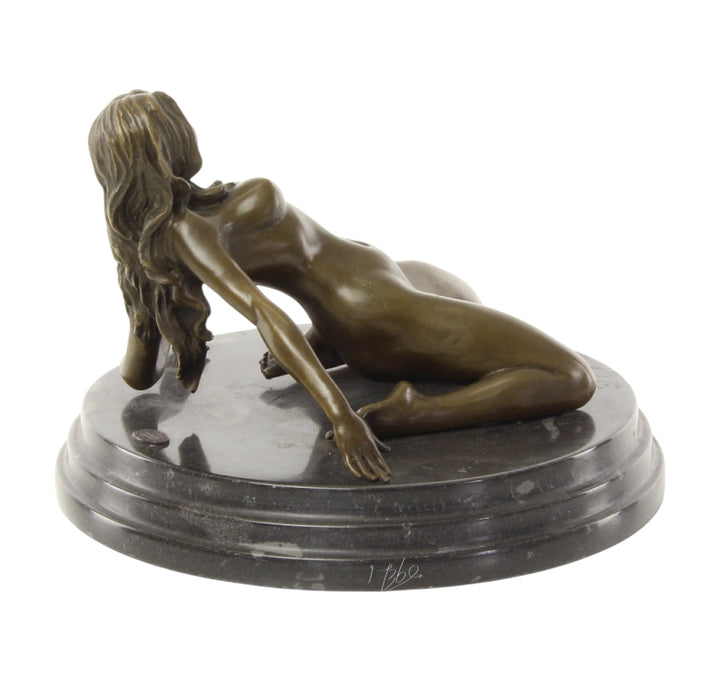 Bronze sculpture of a female nude leaning backwards