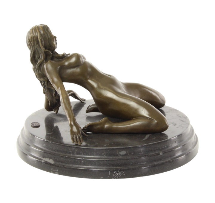 Bronze sculpture of a female nude leaning backwards