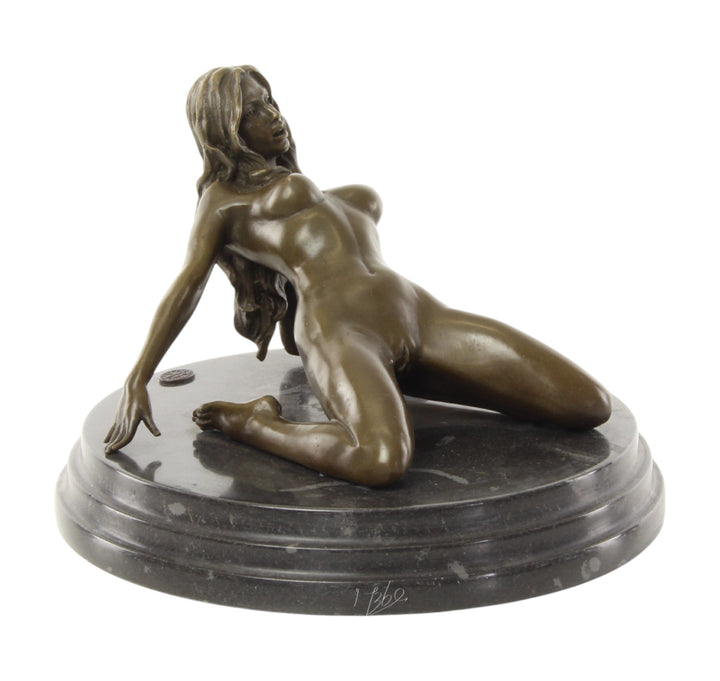 Bronze sculpture of a female nude leaning backwards