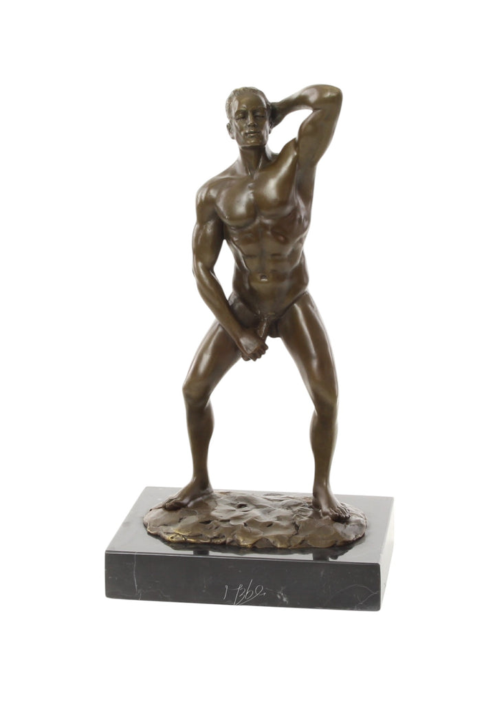 Bronze sculpture of a posing mascular male holding his phallus
