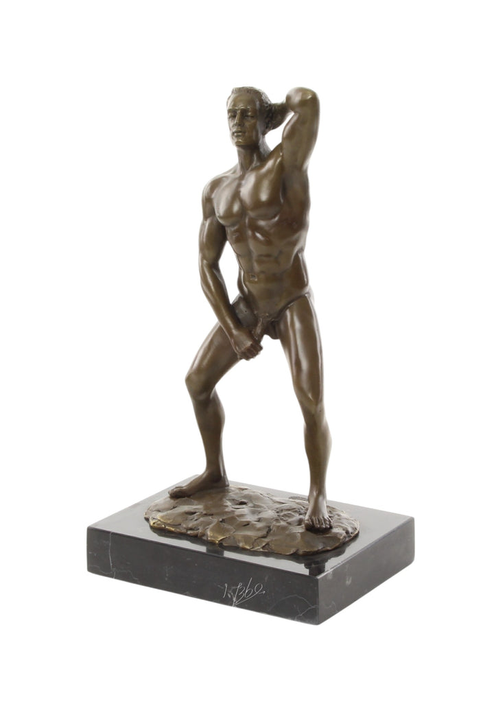 Bronze sculpture of a posing mascular male holding his phallus