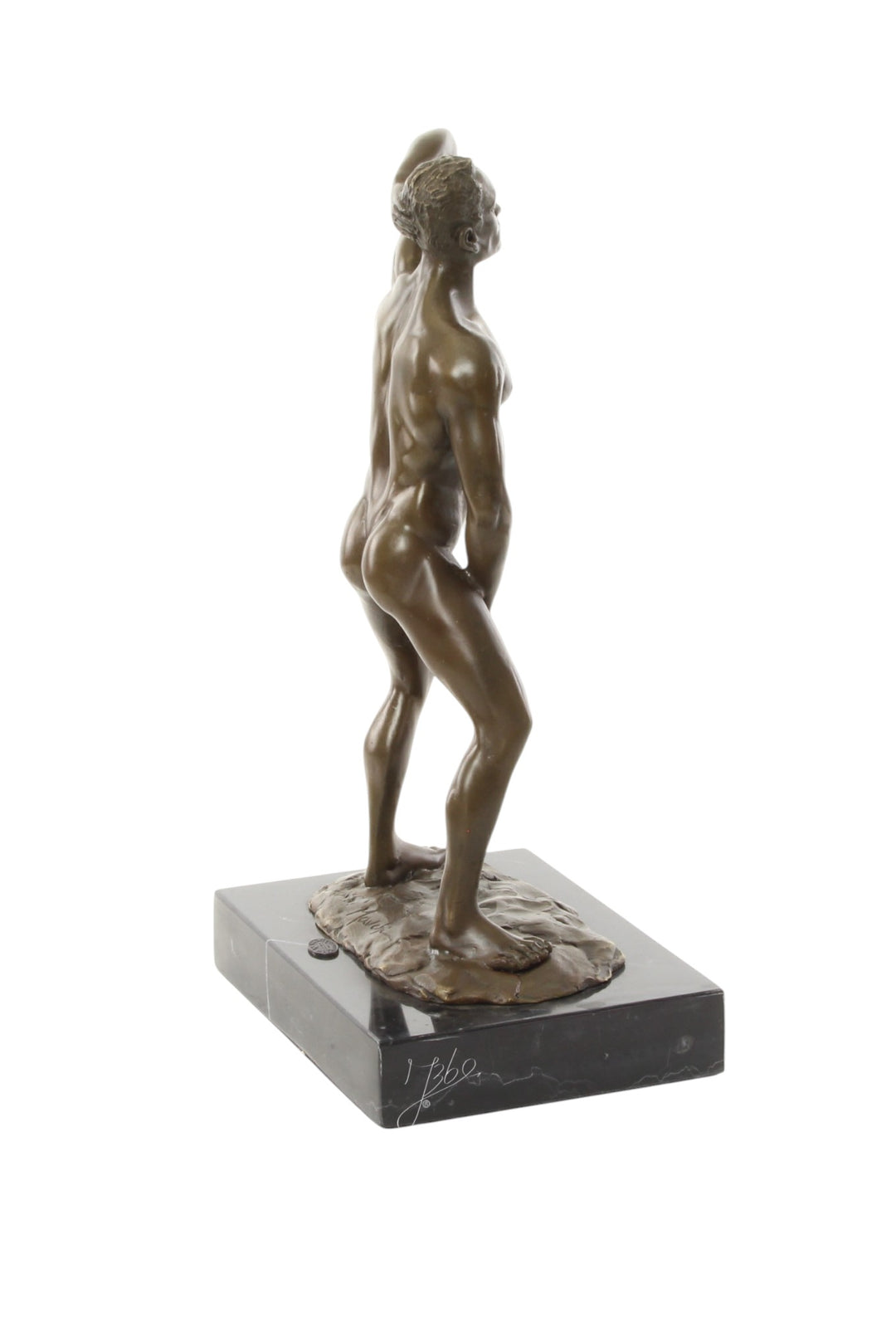 Bronze sculpture of a posing mascular male holding his phallus