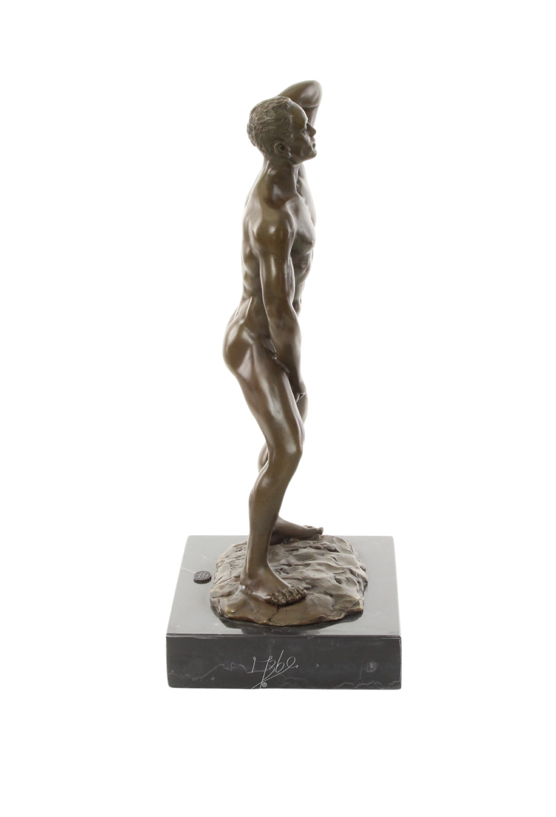 Bronze sculpture of a posing mascular male holding his phallus