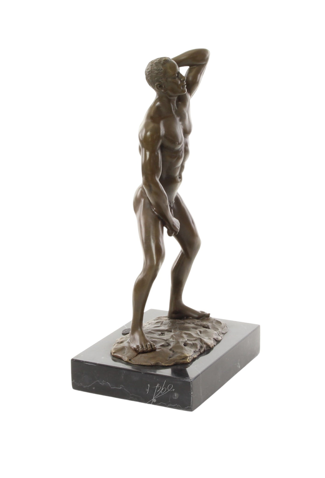 Bronze sculpture of a posing mascular male holding his phallus