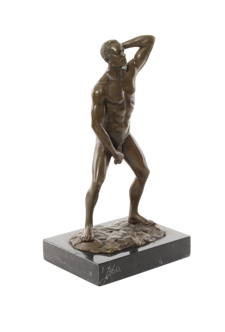Bronze sculpture of a posing mascular male holding his phallus