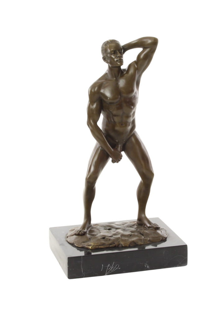 Bronze sculpture of a posing mascular male holding his phallus