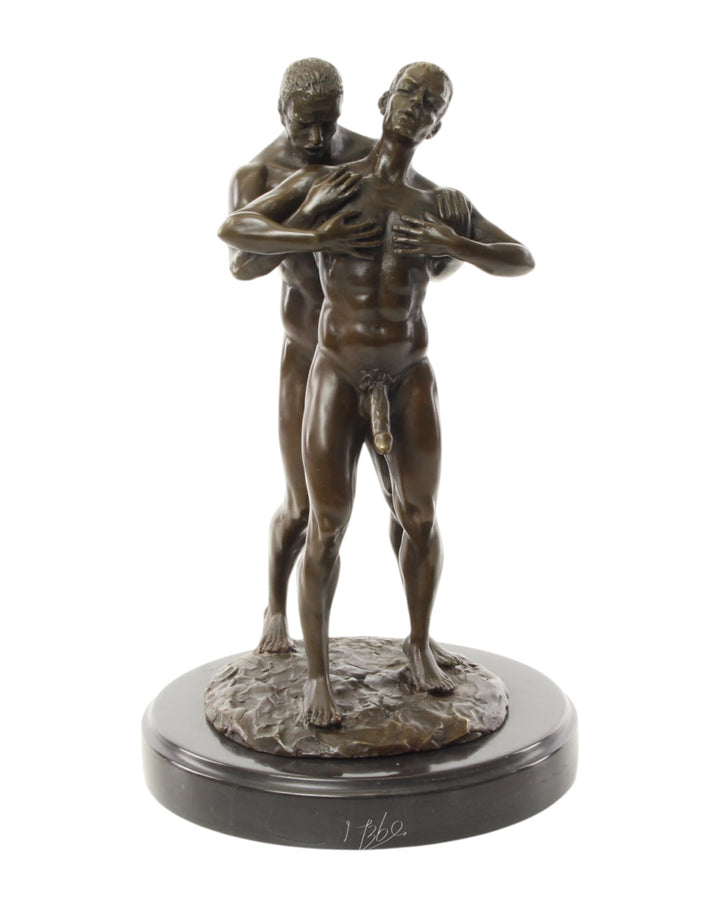 Bronze sculpture of an embracing nude male couple