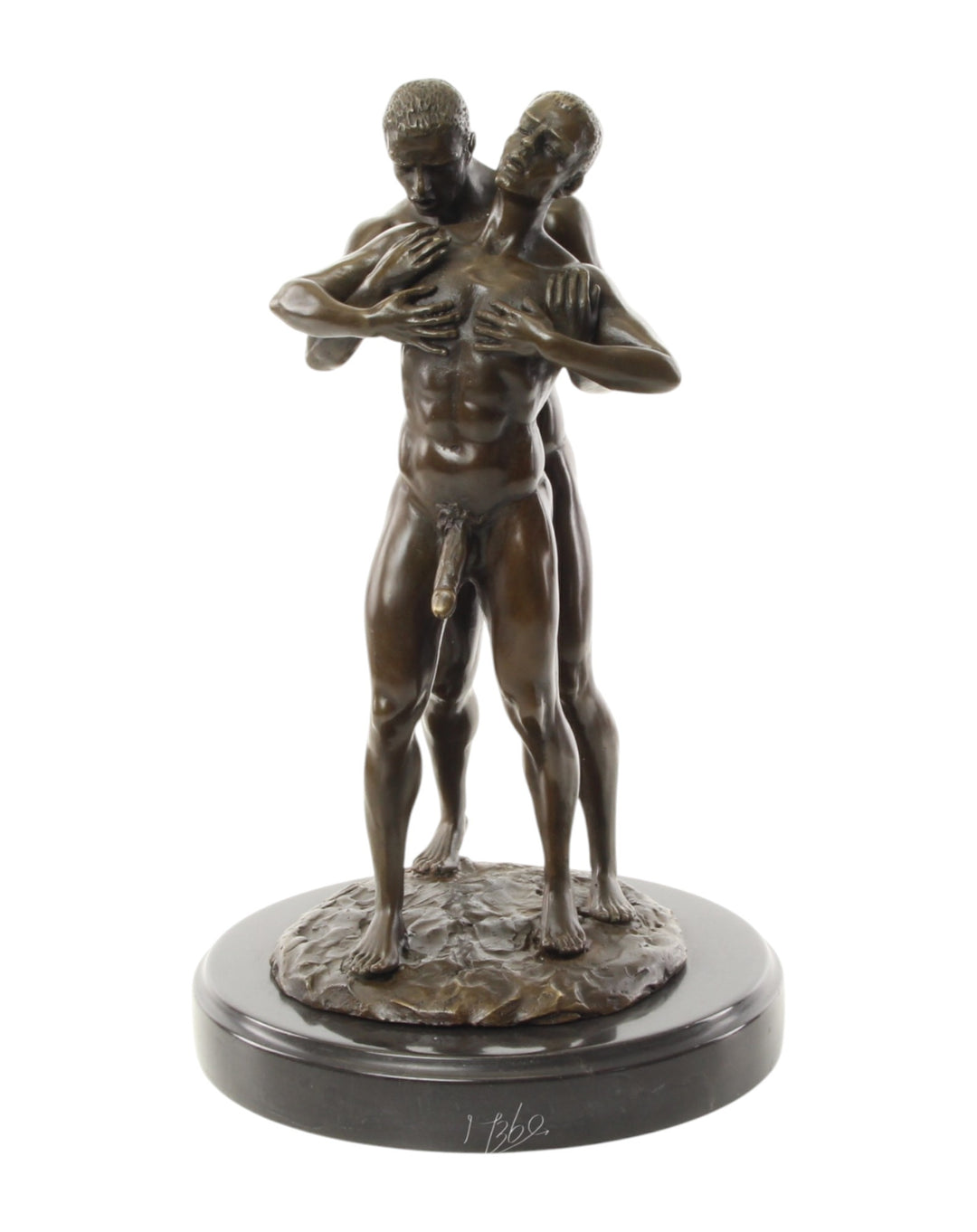 Bronze sculpture of an embracing nude male couple