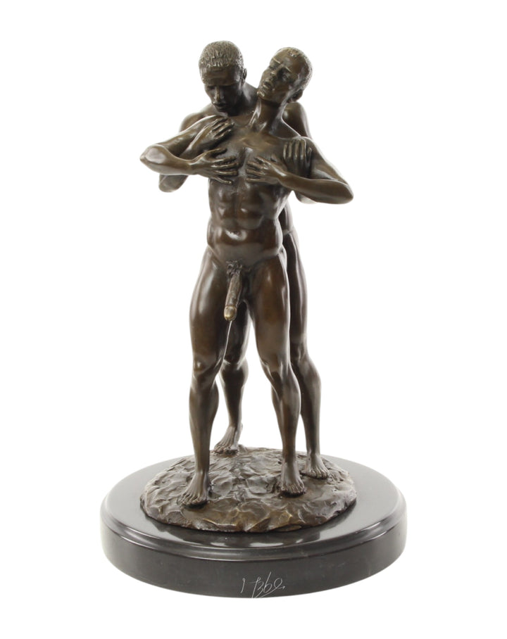 Bronze sculpture of an embracing nude male couple