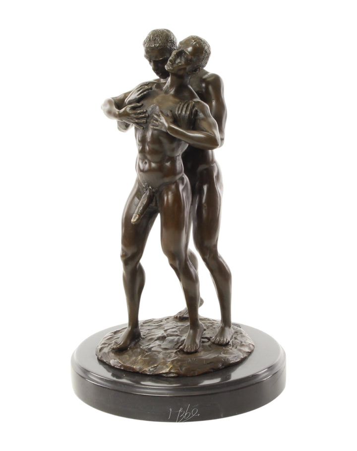 Bronze sculpture of an embracing nude male couple