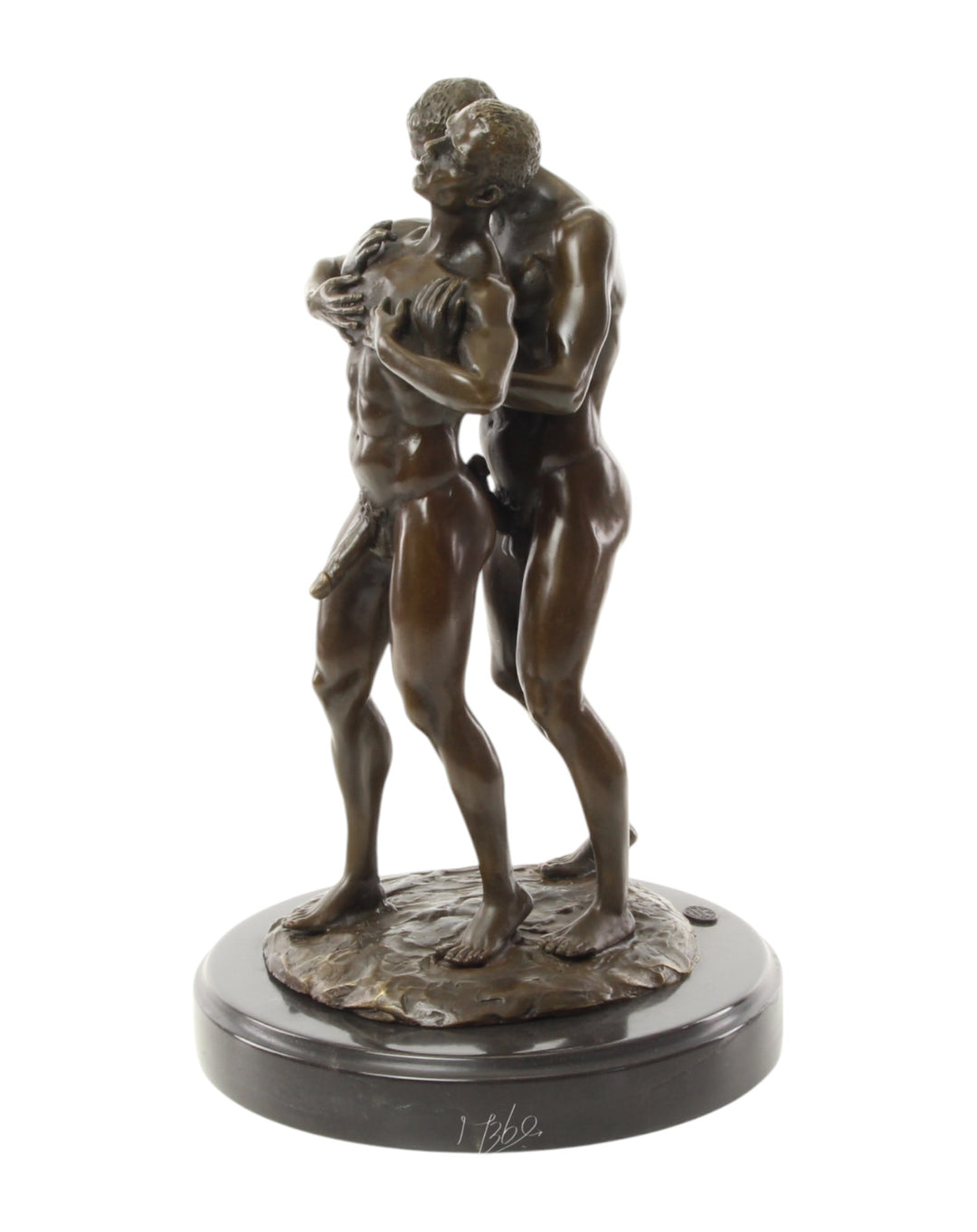 Bronze sculpture of an embracing nude male couple