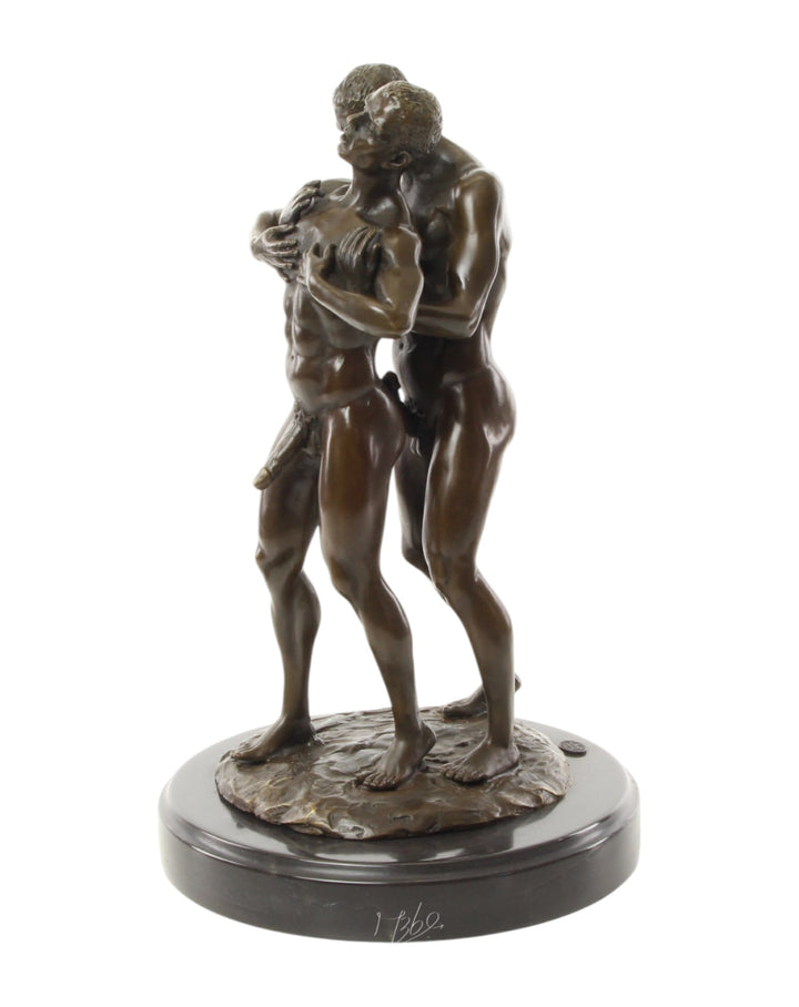 Bronze sculpture of an embracing nude male couple