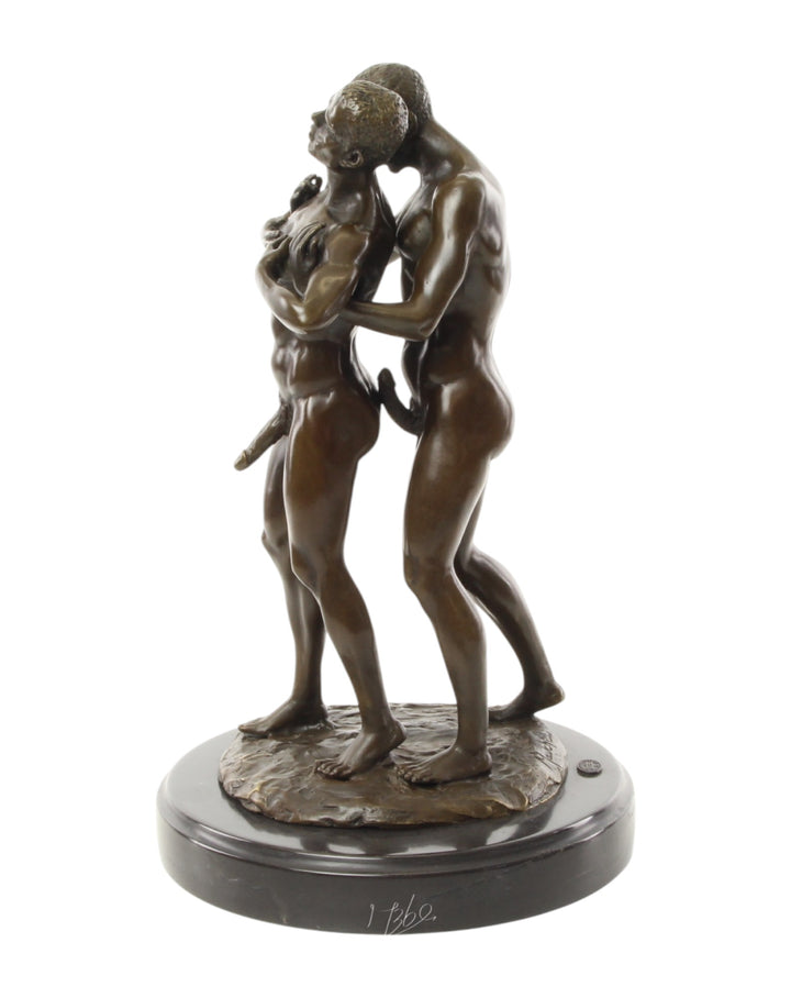 Bronze sculpture of an embracing nude male couple