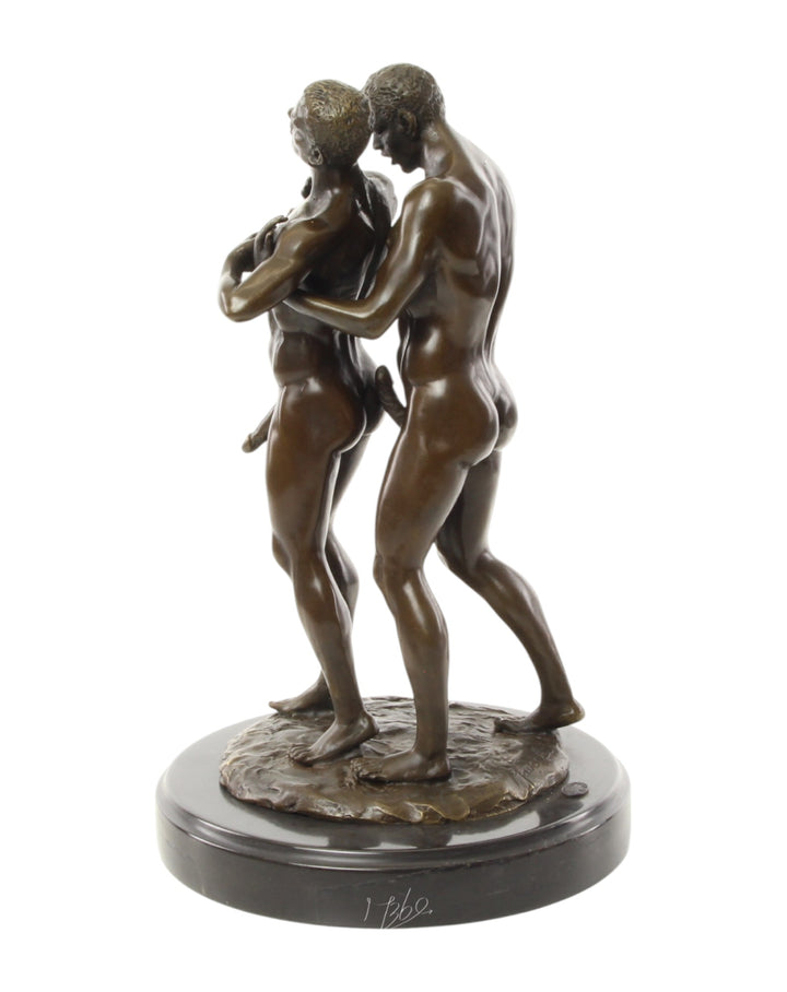 Bronze sculpture of an embracing nude male couple