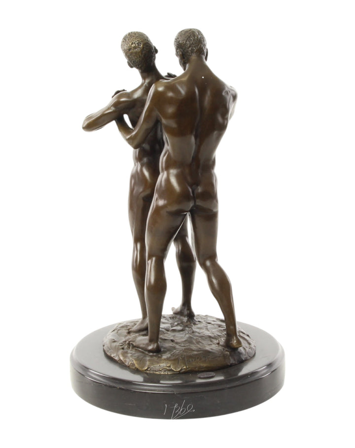 Bronze sculpture of an embracing nude male couple